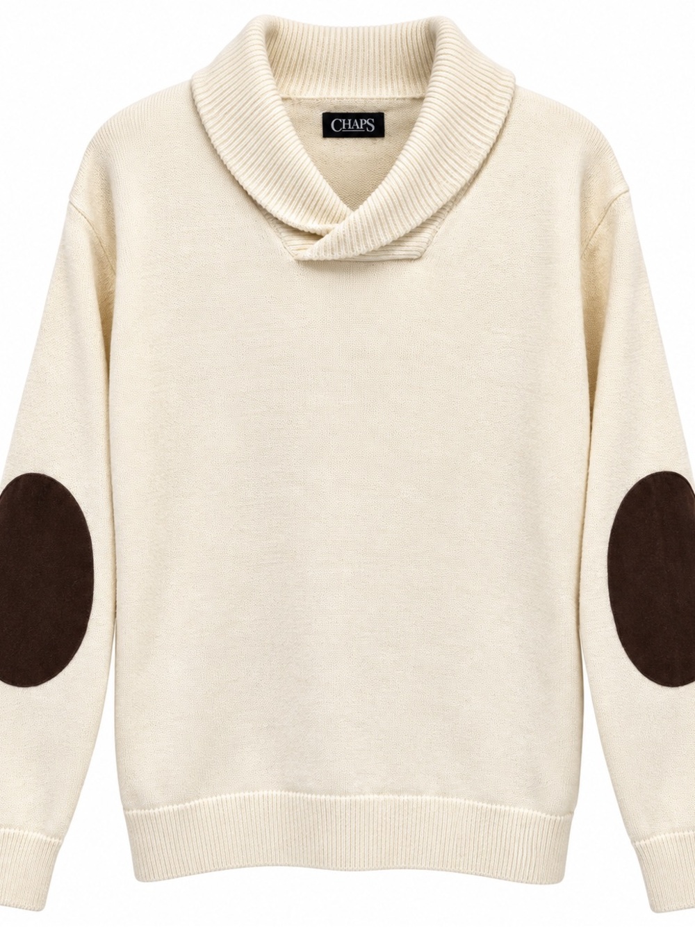 Chaps Cream Shawl Collar Preppy Sweater with Brown Patches Large Grandpa Knit